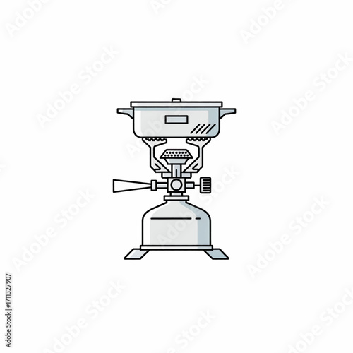A minimalist line art illustration of a portable camping stove with a cooking pot on top.