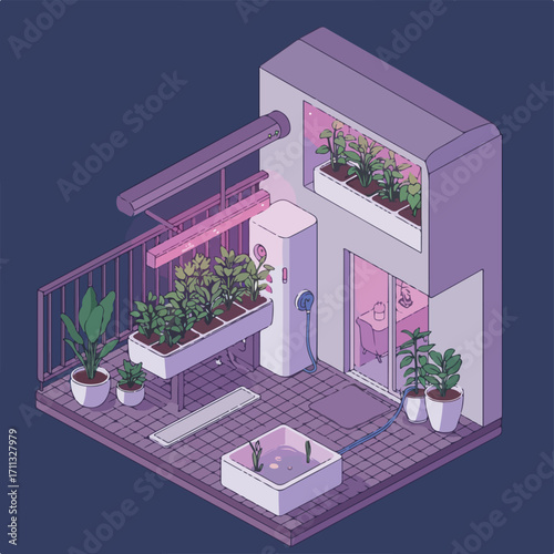 Urban Vertical Gardening Vector Illustration: Sustainable Smart Home Agriculture Solution