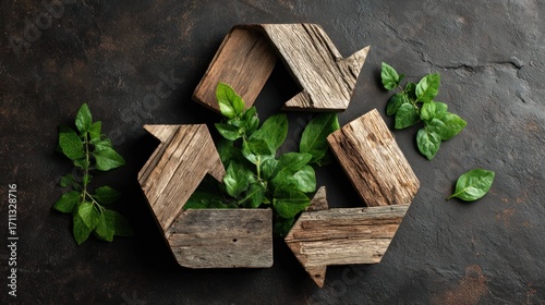 Rustic wooden recycle symbol adorned with fresh green foliage on a textured background, representing environmental stewardship