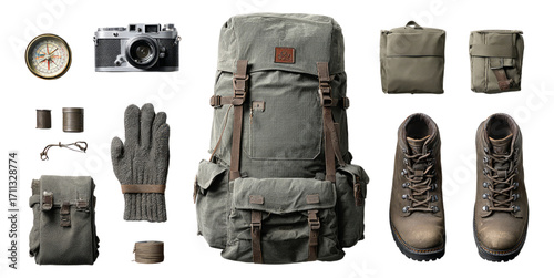 Outdoor Adventure Gear Composition with Isolated Elements