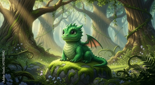 Chubby green baby dragon with emerald scales, perched on a mossy stone, sunlight streaming through enchanted forest trees.