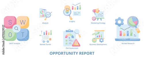 Opportunity Report Flat Banner Web Icon Set Vector Illustration, Analysis Market Trend Insight SWOT Risk Assessment Research Marketing Strategy Business Development 