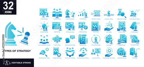 Types of Strategy glyph gradient icon set