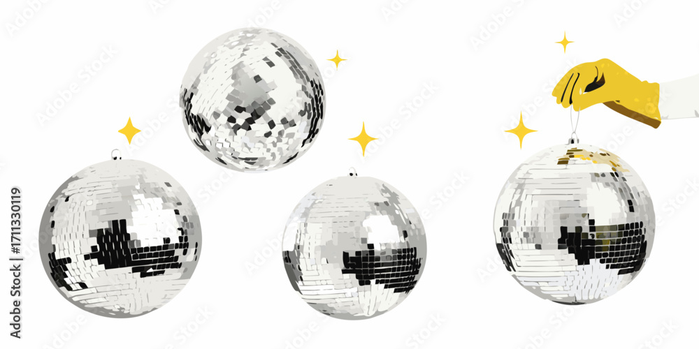 Obraz premium Four sparkling disco balls with a hand holding one by a string and yellow stars on a white background