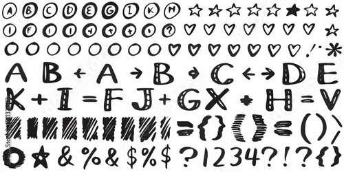 Hand drawn alphabet letters numbers symbols and shapes in black ink on white background