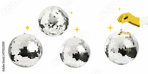 Four sparkling disco balls with a hand holding one by a string and yellow stars on a white background