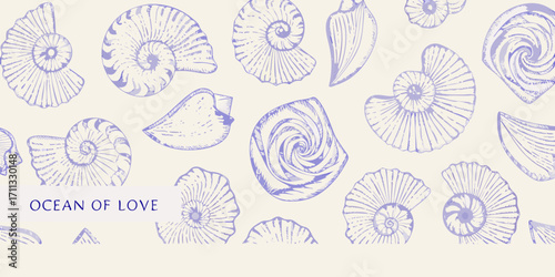 Delicate hand drawn nautilus shells and seashells pattern in soft lavender hues on a cream background