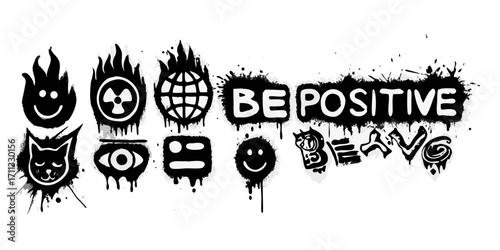 Collection of black and white graffiti style icons and text including be positive and bravo
