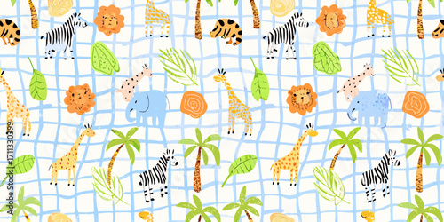 Cute cartoon safari animals and tropical leaves on a blue and white checkered background pattern