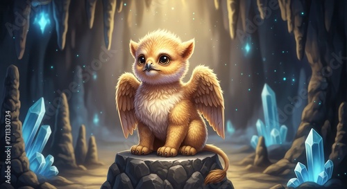Cute griffin hatchling with fluffy golden feathers and tiny lion body, perched on a rocky pedestal, fantasy cave background
