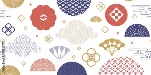 Traditional japanese patterns and motifs in a repeating seamless design with fans and clouds