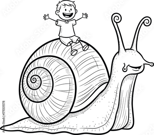 Happy little boy riding on giant snail, fantasy cartoon illustration, fun adventure drawing, children’s coloring book page, black white