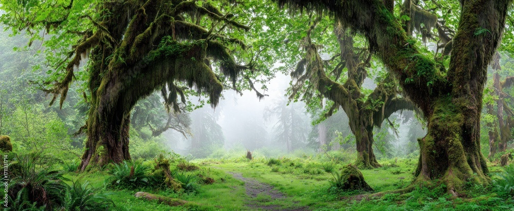 Fototapeta premium Tranquil forest path surrounded by lush, moss-covered trees leads into a misty background, evoking serenity and mystery