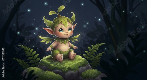 Fantasy artwork of a baby forest elemental glowing softly, perched on a mossy rock under moonlight