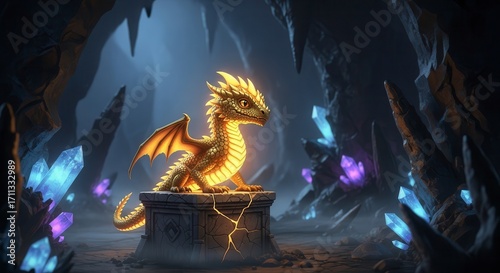 Golden baby dragon with glowing scales, sitting on a cracked stone pedestal, dark fantasy cave with glowing crystals