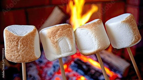 Four toasted marshmallows on sticks over a fire
