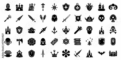Fantasy game icons collection featuring weapons castles shields helmets and magical items