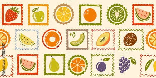 Whimsical hand drawn fruit stamps seamless pattern with strawberry apple orange kiwi watermelon lemon pear plum grapes