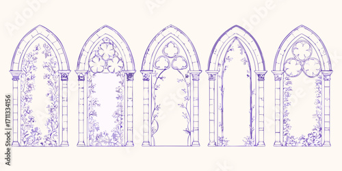 Set of five decorative gothic arches adorned with delicate floral vines and ornate tracery