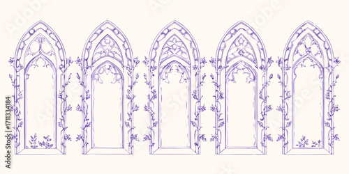 Gothic architectural arches adorned with delicate floral vines and leaves in a purple sketch style
