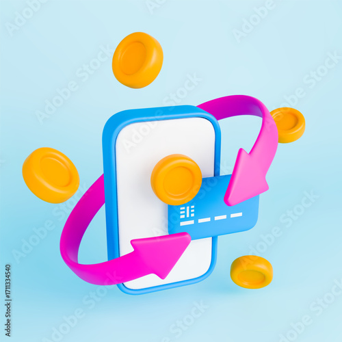 3d cashback arrow transaction concept. Realistic mobile phone with credit card, flying gold coins around and pink arrow. Cashback and money refund icon. Vector illustration on blue background