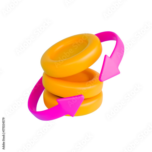 Cashback coins 3d. Realistic gold coin stack with pink arrow around. Cashback and return concept. Cartoon sign of refund and digital payment with money back. Vector illustration isolated on white