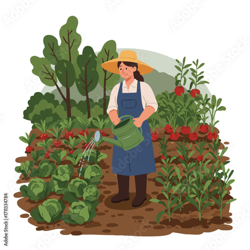 A vibrant flat 2D vector illustration shows a cheerful rural woman wearing a sun hat, diligently tending her flourishing vegetable garden with a watering can, surrounded by various green crops.