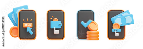 3D set of mobile payment icon. Online and mobile payment method concept. Vector smartphone with coins, credit card, banknotes with payment or transfer button on screen. Digital money transfer concept.