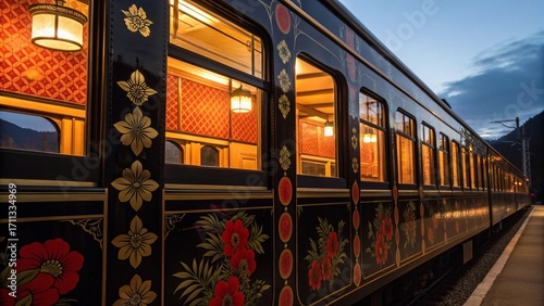 Close Up of Hanayome Noren Train Exterior with Red Lacquerware and Gold Leaf Pattern for Traditional Beauty