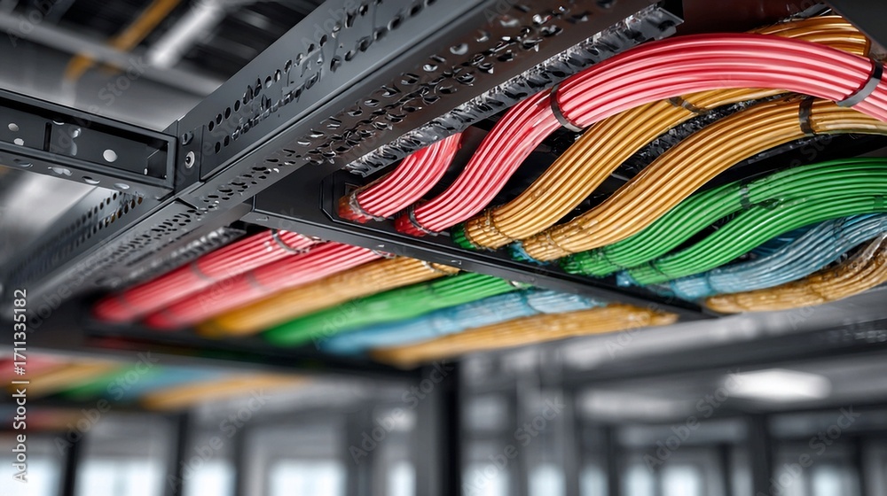Fototapeta premium Zoomed-in shot of structured cabling sleeve carrying organized CAT6 lines toward ceiling-mounted router, showcasing high-performance wired internet system in tech-optimized setting
