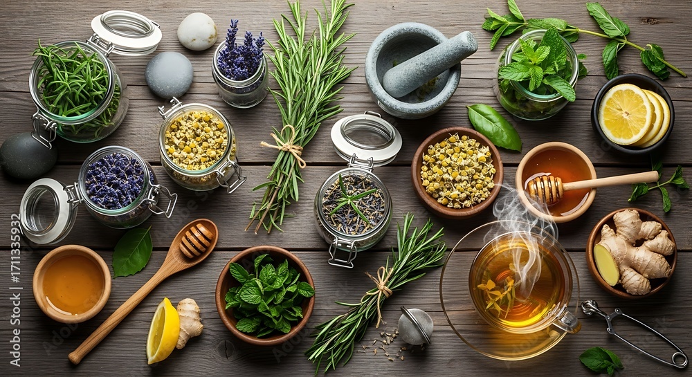 Fototapeta premium Holistic Wellness Display with Herbs, Teas, and Natural Remedies