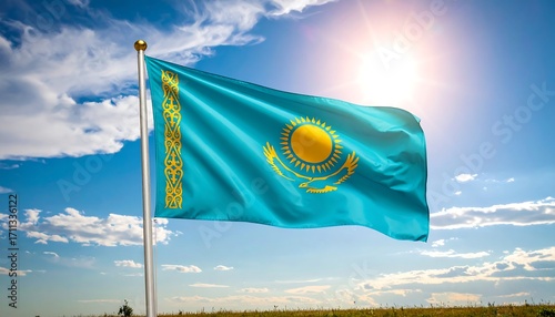 Kazakhstan flag waving in a bright sky (1)