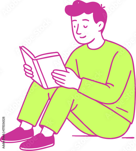 Reading education male student sitting and reading a book trending concept flat illustration