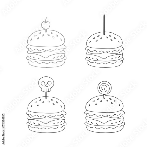 doodle burger pattern background. doodle fast food burger seamless pattern background. seamless pattern of hamburger in doodle style. Seamless Pattern of a Cheese Burger. Doodle burger with stick.