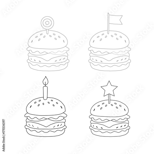 doodle burger pattern background. doodle fast food burger seamless pattern background. seamless pattern of hamburger in doodle style. Seamless Pattern of a Cheese Burger. Doodle burger with stick.