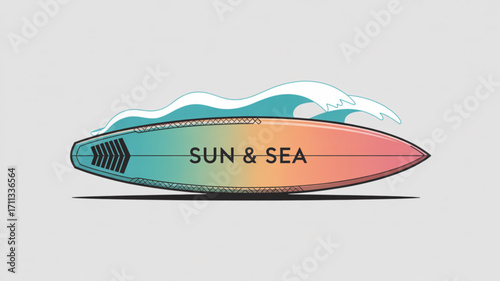 Surfboard design with sun sea waves beach summer vacation surfing ocean water sports travel holiday vector art