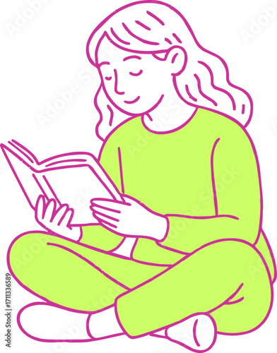 Reading education female student sitting and reading a book trending concept flat illustration