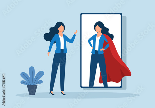 Businesswoman looking at her strong ideal self superhero reflection mirror. Self confidence, positive attitude to success, determination to achieve goals.