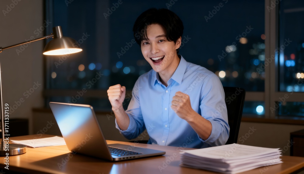 Fototapeta premium 夜のオフィスでガッツポーズをする若い男性