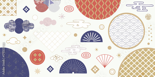 Abstract japanese patterns and motifs with clouds fans and geometric shapes in a light background