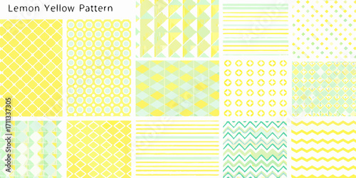 Collection of cheerful yellow and green abstract geometric patterns and textures