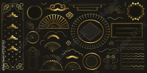 Collection of elegant gold decorative elements and ornaments on a black background
