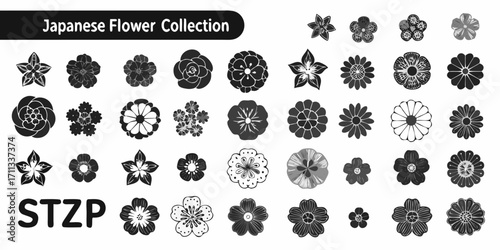 Collection of japanese style flower illustrations in black and white monochrome