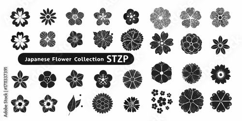 Collection of black and white japanese flower silhouettes and illustrations