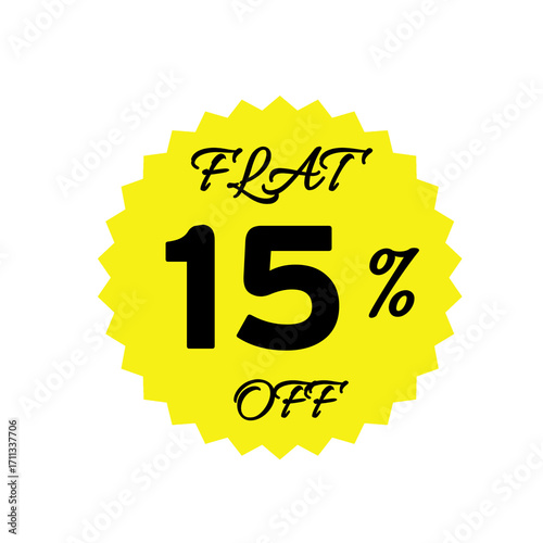 Yellow sale tag with 15 percent discount offer badge on black background, promotional marketing label, special price sticker, clearance sale banner, discount shopping sign, retail store promotion	