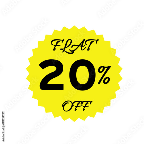 Yellow sale tag with 20 percent discount offer badge on black background, promotional marketing label, special price sticker, clearance sale banner, discount shopping sign, retail store promotion	