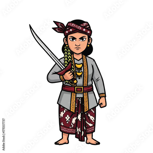 Illustration of a young Southeast Asian warrior boy holding a sword with a red headband and traditional clothing on a white background.