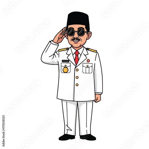 Illustration of a man in a white military uniform saluting with his right hand on a plain white background.