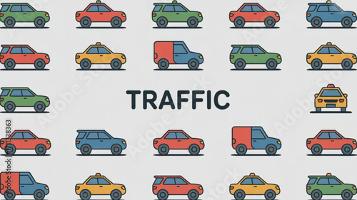 Traffic jam illustration with colorful cars, suv, sedan, van, taxi, and transportation concept design vector