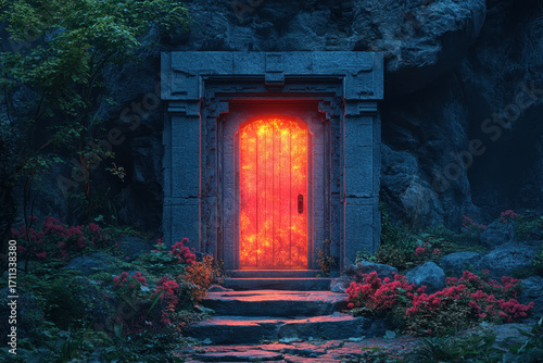 Bright light emanates from a door in a cave.